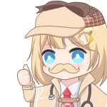 1girl aprob_(meme) blonde_hair blue_eyes bow bright_pupils brown_headwear chibi coat collared_shirt deerstalker fake_facial_hair fake_mustache hair_ornament hat hat_bow hololive hololive_english meme monocle_hair_ornament multicolored_clothes multicolored_headwear necktie red_necktie shirt short_hair short_necktie smile solo stethoscope thumbs_up upper_body virtual_youtuber watson_amelia watson_amelia_(1st_costume) white_pupils white_shirt yellow_coat zephylyne 