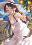  1girl black_hair blush brown_eyes day dress fingernails food fruit hat highres kantai_collection long_hair nisshin_(kancolle) open_mouth outdoors short_eyebrows sidelocks smile solo sun_hat sundress toka_(marchlizard) v very_long_hair white_dress white_headwear 