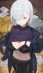  1girl belt black_bra black_gloves black_pants bra breasts brown_belt cleavage clothes_lift earrings fiona_frost gloves grey_eyes hair_over_one_eye heart heart-shaped_pupils highres hood_(james_x) jewelry large_breasts navel open_mouth pants paper purple_sweater racket short_hair solo spy_x_family stomach stud_earrings sweater sweater_lift symbol-shaped_pupils tennis_racket trench_coat turtleneck turtleneck_sweater underwear white_hair 
