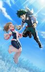  1boy 1girl absurdres blue_sky boku_no_hero_academia brown_eyes brown_hair cloud cloudy_sky couple floating green_eyes grey_hair highres midoriya_izuku sky smile sunlight the_lovers_(tarot) unit0 uraraka_ochako 