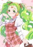  1girl closed_mouth colored_eyelashes curly_hair dress falulu forehead_jewel green_hair grey_eyes headphones highres holding juliet_sleeves long_hair long_sleeves looking_at_viewer plaid plaid_dress pretty_(series) pripara puffy_sleeves saito_katuo shirt smile solo standing twintails very_long_hair white_shirt 