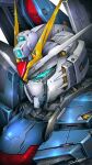  absurdres blue_eyes commentary denjyou23 glowing glowing_eyes gundam gundam_seed gundam_seed_freedom highres looking_ahead mecha mobile_suit no_humans portrait rising_freedom_gundam robot science_fiction signature solo v-fin 