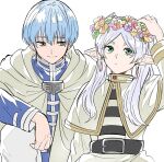  1boy 1girl belt black_belt blue_eyes blue_hair blue_shirt capelet cloak closed_mouth earrings elf flower_wreath frieren gold_trim green_eyes hand_up head_wreath high_collar himmel_(sousou_no_frieren) jewelry long_hair long_sleeves looking_at_another looking_up mole mole_under_eye parted_bangs pointy_ears poteke shirt short_hair simple_background smile sousou_no_frieren striped striped_shirt twintails upper_body white_background white_capelet white_cloak white_hair 