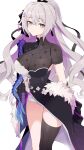  1girl awe_(adorableduckyy) breasts bronya_zaychik bronya_zaychik_(silverwing:_n-ex) chinese_clothes cleavage closed_mouth dress drill_hair grey_eyes grey_hair hair_between_eyes hair_ornament highres honkai_(series) honkai_impact_3rd large_breasts long_hair pink_pupils see-through_cleavage shorts simple_background single_thighhigh solo thighhighs very_long_hair white_background white_shorts 