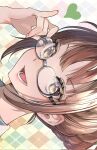  1girl adjusting_eyewear akizuki_ritsuko argyle argyle_background black-framed_eyewear blush braid brown_eyes brown_hair close-up folded_ponytail glasses hand_up heart highres idolmaster idolmaster_(classic) idolmaster_million_live! idolmaster_million_live!_theater_days looking_at_viewer multicolored_background open_mouth semi-rimless_eyewear short_hair shunka_tunacan smile solo teeth tongue under-rim_eyewear 