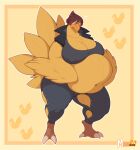  anthro avian beak belly big_belly big_breasts bird bodily_fluids bottomwear breasts chocobo cleavage clothed clothing feathered_arms feathers female final_fantasy hair hi_res huge_breasts meganemausu navel obese obese_anthro obese_female overweight overweight_anthro overweight_female pants red_hair solo square_enix standing sweat sweatdrop tail_feathers topwear vest winged_arms wings 