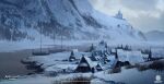  1boy assassin&#039;s_creed:_valhalla assassin&#039;s_creed_(series) boat company_name concept_art copyright_name dechambo european_architecture grey_sky highres mountain outdoors river sky snow tree village watercraft watermark 