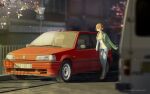  1girl brown_hair building car city evening glasses green_jacket grey_pants jacket jettoburikku motor_vehicle original outdoors pants peugeot_106 red_car round_eyewear shirt short_hair solo white_shirt 