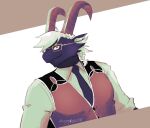  anthro black_body black_fur bovid braided_hair bust_portrait caprine clothing eyewear fur glasses goat hair horn is0566 lifewonders looking_at_viewer male mammal necktie pecs portrait solo suit tanngrisnir_(tas) tokyo_afterschool_summoners topwear vest white_hair 