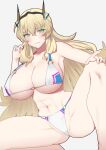  1girl abs absurdres barghest_(fate) barghest_(swimsuit_archer)_(fate) bikini blonde_hair blush breasts cleavage closed_mouth commentary_request es_es_vril_es fate/grand_order fate_(series) green_eyes hand_up heterochromia highres huge_breasts long_hair looking_at_viewer muscular muscular_female navel simple_background solo spread_legs squatting swimsuit two-tone_eyes white_background white_bikini 