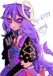 1girl @_@ ainosuke_031 black_gloves blue_bow bow cow_tail english_text gloves halo highres long_hair looking_at_viewer multicolored_hair purple_eyes purple_hair red_bow red_hair scp-6777 scp_foundation signature solo tail white_background yellow_halo 