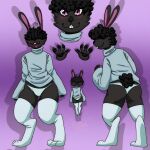  1:1 absurd_res anonymous_artist anthro black_hair blush blush_lines bottomwear bulge butt clothing fluffy fluffy_hair girly grey_body hair hi_res lagomorph legwear leporid male mammal purple_eyes rabbit solo sweater thigh_highs topwear turtleneck white_bottomwear white_clothing yogatu 