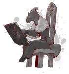  ambiguous_gender anthro book chair clothed clothing dragon furniture hi_res horn kredri lizard on_chair reading reading_book reptile scalie simple_background sitting sitting_on_chair solo tail 
