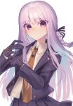  1girl black_gloves black_ribbon blazer braid closed_mouth danganronpa:_trigger_happy_havoc danganronpa_(series) fringe_trim gloves hair_ribbon highres jacket kirigiri_kyoko long_hair looking_at_viewer necktie open_clothes open_jacket pleated_skirt purple_eyes purple_hair red_necktie ribbon school_uniform shirt skirt standing upper_body violet_(mesy4285) white_background white_shirt wide-eyed 