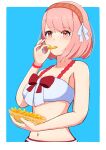  absurdres bare_shoulders bikini blush bracelet eating fire_emblem fire_emblem_engage food hairband highres holding holding_food jewelry lapis_(fire_emblem) looking_at_viewer mgnk33 midriff navel pink_eyes pink_hair ribbon short_hair swimsuit 