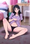 1girl barefoot bed bedroom black_hair black_panties blurry blurry_background breasts chair cleavage closed_mouth clothes_lift desk full_body hibike!_euphonium highres kousaka_reina lifted_by_self looking_at_viewer medium_breasts navel panties purple_eyes purple_shirt sbel02 shirt shirt_lift sitting smile solo stomach t-shirt underwear 