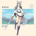  animal_ears black_footwear blue_eyes blue_sky boots breasts buttons cat_ears cloud commission double-parted_bangs english_commentary eyelashes field grass grey_hair heart highres holding holding_sword holding_weapon knee_boots long_hair lysum mountain original panties skirt sky suit sword thigh_strap underwear weapon white_background white_panties white_skirt white_suit 