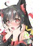  1girl @_@ absurdres ahoge animal_ear_fluff animal_ears bare_shoulders black_hair black_jacket black_shirt blurry blurry_background blush braid commentary_request confetti crop_top earrings fox_ears fox_girl hair_between_eyes hands_on_own_cheeks hands_on_own_face highres hololive jacket jewelry kurokami_fubuki long_hair looking_at_viewer multicolored_hair open_clothes open_jacket open_mouth payano_i red_eyes red_hair shirt sidelocks single_braid sleeveless sleeveless_shirt solo streaked_hair virtual_youtuber 
