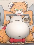  ambiguous_gender anthro balls balls_in_mouth belly big_balls big_belly bulge clothed clothing dominant duo facesitting felid foxball fur genitals half-closed_eyes hanging_belly hi_res hybrid hyper hyper_genitalia king_tiger_(kitty_pride) kitty_pride male male/male mammal multicolored_body narrowed_eyes navel orange_body pantherine savaj_(kitty_pride) simple_background sitting sitting_on_another size_difference smile solo_focus speech_bubble spread_legs spreading stripes teeth text tiger topless underwear white_body 
