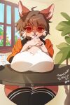  &lt;3 2023 5_fingers alternate_version_at_source anthro big_breasts black_clothing black_jacket black_legwear black_nose black_thigh_highs black_topwear breast_rest breasts canid canine canis cheek_tuft chest_tuft clothed clothed_anthro clothed_female clothing domestic_dog english_text eyebrow_through_hair eyebrows eyelashes eyewear facial_tuft fangs female female_anthro fingers fur furniture garyu410 glasses glistening glistening_eyes glistening_hair hair heart_after_text hi_res jacket kemono legwear looking_at_viewer mammal menu mila_croix_(nofacelord) monotone_text multicolored_body multicolored_clothing multicolored_fur multicolored_legwear multicolored_thigh_highs multicolored_topwear open_mouth orange_clothing orange_jacket orange_topwear plant red_eyes round_glasses signature small_nose solo table teeth text thigh_highs topwear translucent translucent_hair tuft two_tone_body two_tone_clothing two_tone_fur two_tone_jacket two_tone_legwear two_tone_thigh_highs two_tone_topwear white_clothing white_text window 