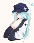  1girl asymmetrical_bangs blue_archive blue_hair blush breasts bucket_hat cabbie_hat cleavage cropped_torso hair_over_one_eye halo hand_in_pocket hat highres hiyori_(blue_archive) jacket large_breasts lechi_kun letterman_jacket looking_at_viewer no_bra no_shirt one_eye_covered open_clothes open_jacket ponytail simple_background solo white_background 