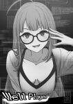  1girl :d absurdres ahoge breasts collarbone commission english_text glasses greyscale hakusai_(user_nkkd7242) hand_up highres long_hair monochrome open_mouth persona persona_5 sakura_futaba shirt skeb_commission small_breasts smile solo very_long_hair 