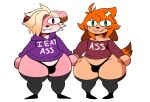  2023 anthro blonde_hair canid canine canis clothing dipstick_tail domestic_dog duo english_text green_eyes hair hair_over_eye hi_res huge_hips huge_thighs inuki_zu inuzu legwear looking_at_viewer male mammal markings munne neco-arc one_eye_obstructed orange_hair pink_body red_eyes shirt smile sweater tail tail_markings tan_body text text_on_clothing thick_thighs thigh_highs thong topwear tsukihime type-moon underwear wide_hips 