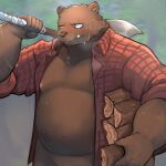  2023 absurd_res anthro axe bear belly big_belly blush bodily_fluids brown_body clothed clothing hi_res kemono lumber lumberjack male mammal moobs musclegut nipples open_clothing open_shirt open_topwear overweight overweight_male shirt solo sweat tappe124 topwear 