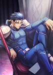  1boy abs arm_on_knee armor blue_armor blue_hair cu_chulainn_(fate) earrings fate/grand_order fate_(series) from_above gravesecrets highres indoors jewelry knee_up large_pectorals leather_armor light_particles long_hair male_focus pectorals polearm ponytail shoulder_armor sitting smile solo weapon 