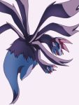  black_sclera blurry colored_sclera commentary_request fangs highres hydreigon karaneko looking_back no_humans open_mouth pokemon pokemon_(creature) red_eyes simple_background solo white_background 