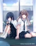  2girls artist_name back-to-back black_hair brown_hair cloud cover glass_door holding holding_hands holding_money miyagi_(shuu_ni_ichido_kurasumeito_wo_kau_hanashi) money multiple_girls official_art school_uniform sendai_(shuu_ni_ichido_kurasumeito_wo_kau_hanashi) shuu_ni_ichido_kurasumeito_wo_kau_hanashi sitting sky smile u35 