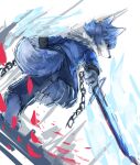  abstract_background absurd_res anthro blue_body blue_bottomwear blue_clothing blue_fur blue_pants blue_tail blue_topwear bottomwear canid chain clothed clothing colored_sketch ear_piercing ear_ring fur hi_res holding_object holding_sword holding_weapon kuttoyaki male mammal melee_weapon mouth_closed pants piercing red_eyes ring_piercing sketch solo standing sword tail topwear weapon white_body white_fur 