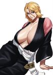  1girl absurdres black_robe bleach bleach:_the_thousand-year_blood_war blonde_hair blue_eyes breasts cleavage curvy highres huge_breasts japanese_clothes kimono looking_at_viewer matsumoto_rangiku medium_hair mole mole_under_mouth no_bra raised_eyebrows robe seductive_smile simple_background sitting smile solo sotcho white_background 
