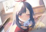  1girl a-soul azusa_hina bella_(a-soul) blue_hair blush character_name chinese_commentary closed_mouth commentary_request hair_ribbon happy_birthday long_hair looking_at_viewer one_eye_closed pen purple_eyes red_ribbon red_shirt ribbon shirt smile solo upper_body 