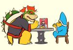  beverage bowl bowser breakfast cereal cereal_box chair claws clothing container duo eating eating_food eyewear food furniture glasses hair hat headgear headwear horn hot_beverage kairy_draws kamek koopa magikoopa male mario_bros nintendo pointy_hat red_hair robe scalie scruffy shell sipping sitting spiked_shell spikes spikes_(anatomy) table 