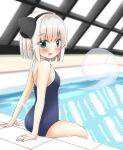  1girl ass blue_eyes blue_one-piece_swimsuit blush breasts from_behind hitodama indoors konpaku_youmu konpaku_youmu_(ghost) looking_back one-piece_swimsuit open_mouth pool poolside rei_no_pool ribbon school_swimsuit shishiky short_hair sitting small_breasts smile solo swimsuit thighs touhou white_hair window 
