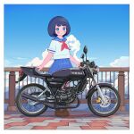  1girl aqua_eyes black_hair blue_sailor_collar blue_skirt blush brown_footwear cloud cloudy_sky fence highres loafers looking_at_viewer motor_vehicle motorcycle neckerchief original outdoors pleated_skirt red_neckerchief sailor_collar scenery school_uniform shirt shoes short_hair skirt sky solo standing vehicle_focus wakamizu white_shirt yamaha_rz50 