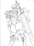  2022 absurd_res anthro armor big_breasts black_and_white breasts chochi cleavage clothed clothing female gauntlets gloves graphite_(artwork) greatsword greaves hair handwear hi_res huge_breasts long_hair looking_at_viewer monochrome pencil_(artwork) scalie skimpy_armor smile solo traditional_media_(artwork) unconvincing_armor under_boob 