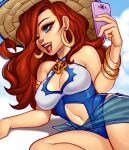  1girl :d ;d bare_shoulders blue_one-piece_swimsuit blushyspicy bracelet breasts cleavage earrings hat highres holding holding_phone hoop_earrings jewelry large_breasts league_of_legends long_hair lying miss_fortune_(league_of_legends) navel on_side one-piece_swimsuit one_eye_closed phone pool_party_miss_fortune red_hair red_lips shiny_skin smile solo straw_hat swimsuit teeth white_background white_one-piece_swimsuit 