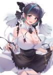  1girl absurdres animal_ears apron azur_lane bare_shoulders black_apron black_hair border breasts cheshire_(azur_lane) cleavage commentary_request dermar detached_sleeves fake_animal_ears fang frilled_apron frilled_hairband frilled_ribbon frills garter_straps green_background hairband highres large_breasts long_ribbon looking_at_viewer maid maid_headdress multicolored_hair paw_print paw_print_background puffy_detached_sleeves puffy_sleeves revision ribbon signature skin_fang solo streaked_hair striped striped_background two-tone_background two-tone_hair white_border wrist_cuffs 