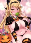  1girl animal_ears blonde_hair bow breasts candy cat_ears cat_tail cowboy_shot earrings english_commentary food halloween holding holding_candy holding_food holding_lollipop jewelry lollipop looking_at_viewer midriff mythra_(xenoblade) navel solo stomach striped striped_thighhighs sugarbell swept_bangs tail tail_bow tail_ornament thighhighs xenoblade_chronicles_(series) xenoblade_chronicles_2 
