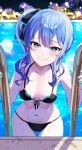  1girl absurdres bikini black_bikini blue_eyes blue_hair breasts collarbone grin highres hololive hoshimachi_suisei kudoukudokudo long_hair looking_at_viewer navel night night_sky pool pool_ladder side_ponytail sky small_breasts smile solo stomach swimsuit teeth virtual_youtuber water wet 