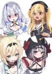  4girls amane_kanata anger_vein animal_hood aqua_eyes black_choker black_collar black_hair black_headwear black_hood black_ribbon blonde_hair blue_hair blush bow breasts camisole chest_sarashi choker cleavage collar collarbone colored_inner_hair dark-skinned_female dark_skin deadnooodles dress furrowed_brow grey_dress grey_hair hair_between_eyes hair_ornament hairclip hat highres hololive hood kazama_iroha lanyard large_breasts leaf_hair_ornament medium_hair multicolored_hair multiple_girls off-shoulder_jacket off_shoulder open_mouth orca_hood pendant_choker pinstripe_dress pinstripe_pattern plaid plaid_bow puffy_short_sleeves puffy_sleeves purple_eyes red_bow red_eyes ribbon sailor_collar sailor_dress sailor_hat sarashi scared shaded_face short_hair short_sleeves single_hair_intake streaked_hair striped striped_dress two_side_up upper_body v-shaped_eyebrows vertical-striped_dress vertical_stripes wavy_mouth white_camisole white_sailor_collar x_hair_ornament 