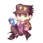  1boy 2608337875 belt black_hair book chain chibi gakuran gift green_eyes hat highres jojo_no_kimyou_na_bouken kujo_jotaro long_coat male_focus multiple_belts reading school_uniform sitting solo stardust_crusaders triangle_print 