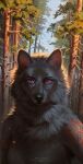 anthro artist_name black_nose breasts bust_portrait canid featureless_breasts female forest front_view fur glistening glistening_eyes grey_body grey_fur hi_res looking_at_viewer mammal marie_merkh markings mouth_closed nude plant portrait purple_eyes red_markings solo tree whiskers 