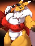  2023 3:4 5_fingers absurd_res anthro bandai_namco big_breasts black_nose blue_eyes breasts clothing digimon digimon_(species) digital_media_(artwork) eyebrows eyelashes eyewear female fingers hi_res huge_breasts looking_at_viewer nipple_outline renamon solo sunglasses taphris whistle_(object) 