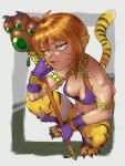  1girl animal_ears breasts breath_of_fire breath_of_fire_ii buresuobu bustier cat_ears cleavage facial_mark full_body gloves green_eyes highres holding holding_weapon looking_at_viewer navel open_mouth orange_hair pointy_ears rinpoo_chuan short_hair smile solo tail tiger_stripes tiger_tail weapon 