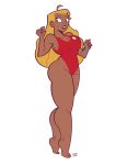  1girl absurdres ahoge alvaro_gonzalez barefoot blonde_hair breasts dark-skinned_female dark_skin english_commentary full_body highres large_breasts lifeguard lifeguard_(lilo_&amp;_stitch) lilo_&amp;_stitch long_hair looking_at_viewer one-piece_swimsuit parted_lips red_one-piece_swimsuit standing swimsuit thick_thighs thighs tiptoes toes watch white_background wristwatch 