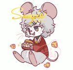  1other :d animal_ears artist_name cheese food full_body furry green_eyes grey_fur grey_hair holding hua_hua_de_meme mouse mouse_ears mouse_tail original red_shirt sample_watermark shirt short_hair sitting smile solo tail white_background 