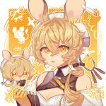  1girl animal_ears arknights bare_shoulders blonde_hair breasts chibi cleavage cleavage_cutout clothing_cutout commentary dorothy_(arknights) english_text gloves gradient_background hair_between_eyes hand_up highres holding looking_at_viewer medium_breasts multiple_views orange_background orange_eyes parted_lips smile sparkle tea_(yxmetea) yellow_background yellow_gloves 